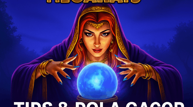Gambar Madame Destiny Megaways dengan nuansa gelap, menampilkan peramal dan bola kristal, disertai teks Tips & Pola Gacor Pragmatic Play